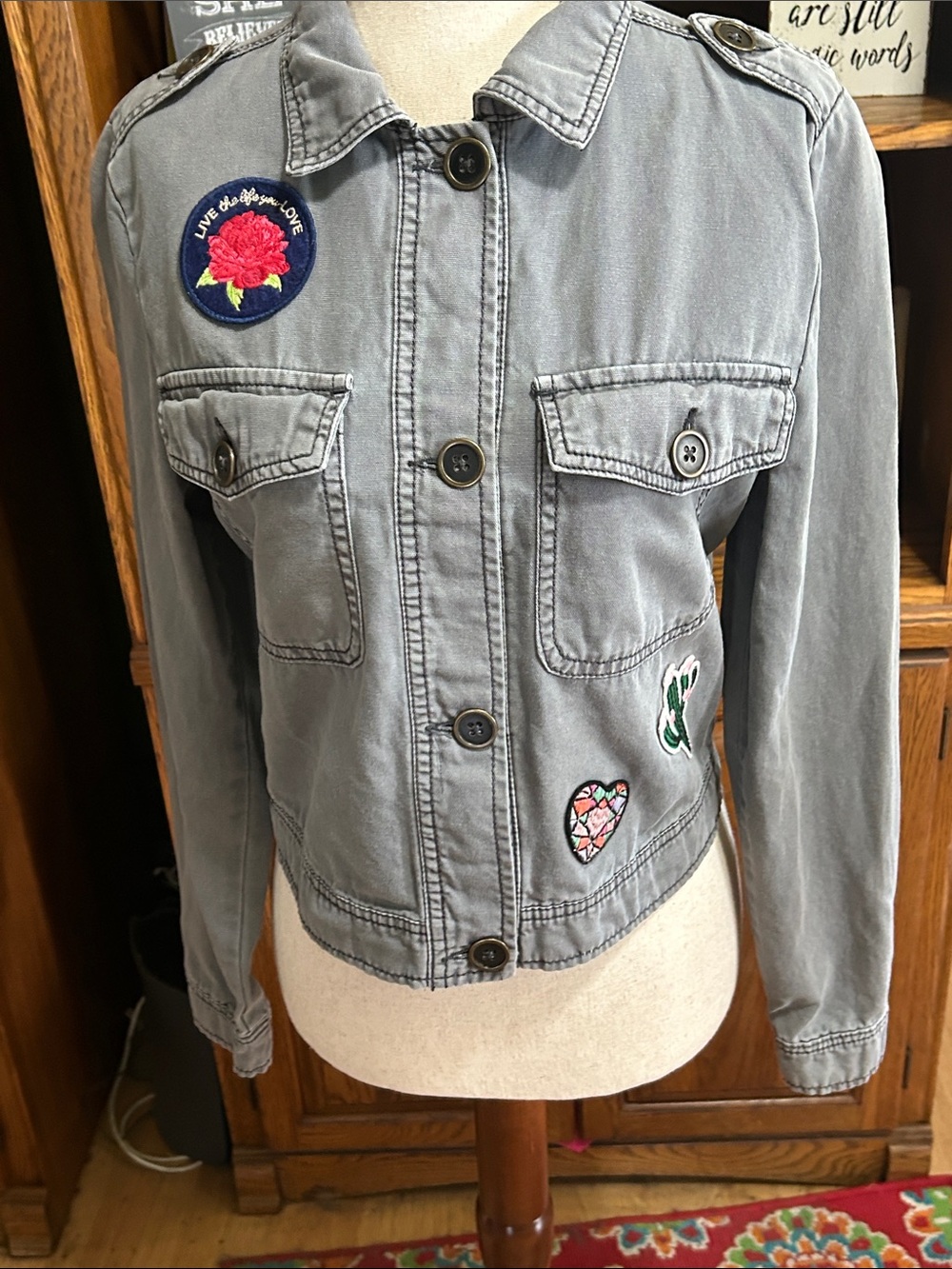Women’s Gray Button-Front Patch Detail Jacket Size XS